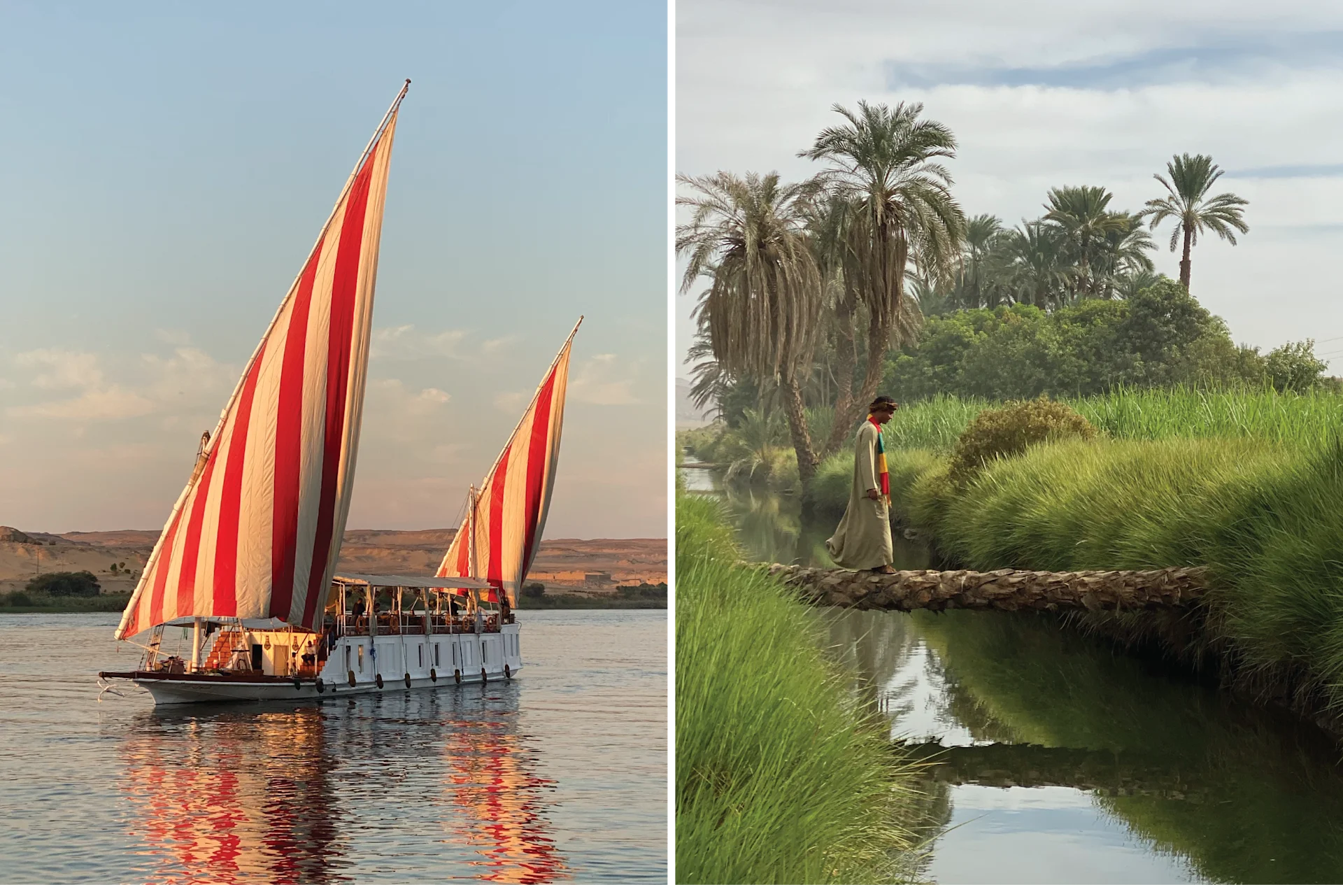 Left: River Boat, Right, Man walking over stream
